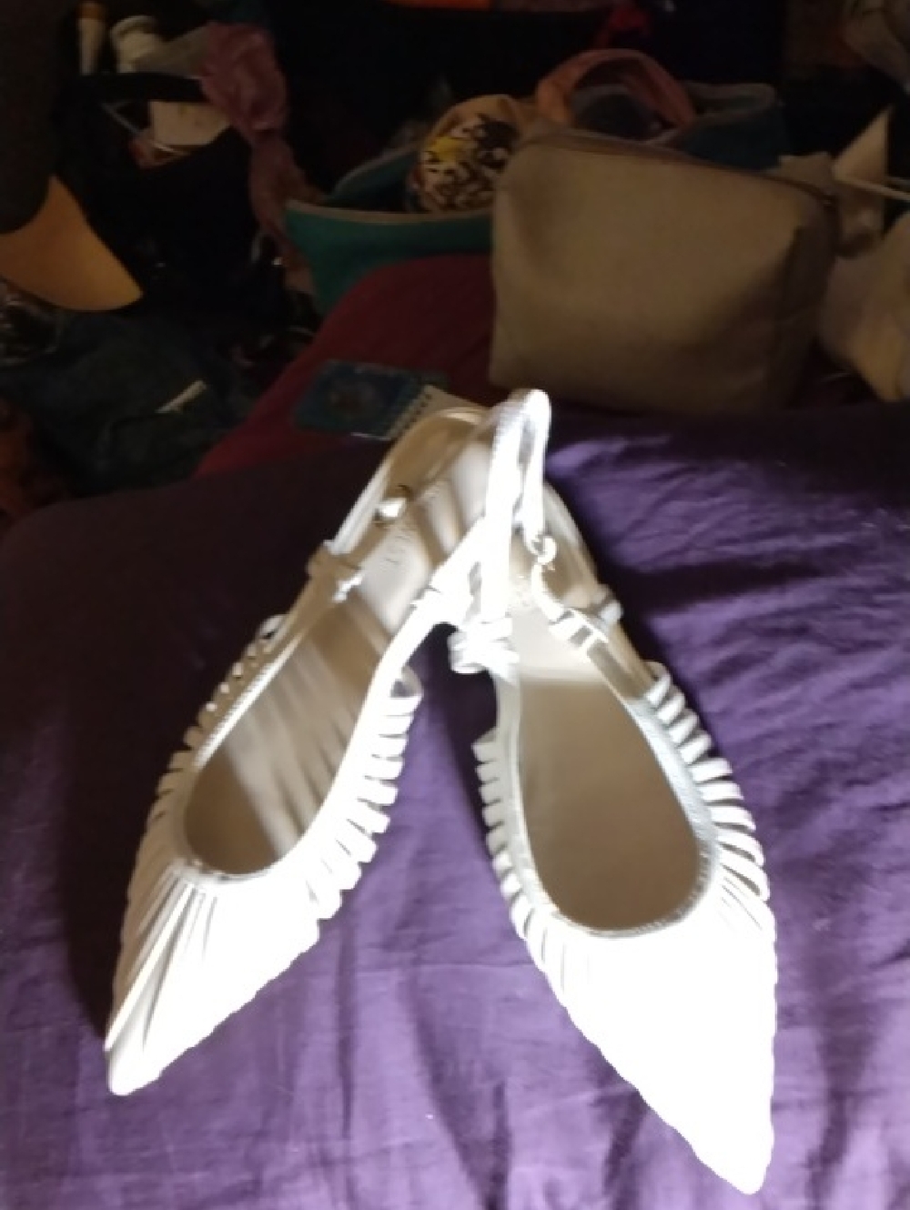 Nine West White Pointed Fringe Slingback Flats